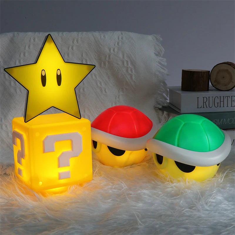 Anime Mario Bros Figure Toys Question Mark Block, Super Star, Mushroom, Koopa Troopa LED USB Rechargeable Table Lamp Model Gift